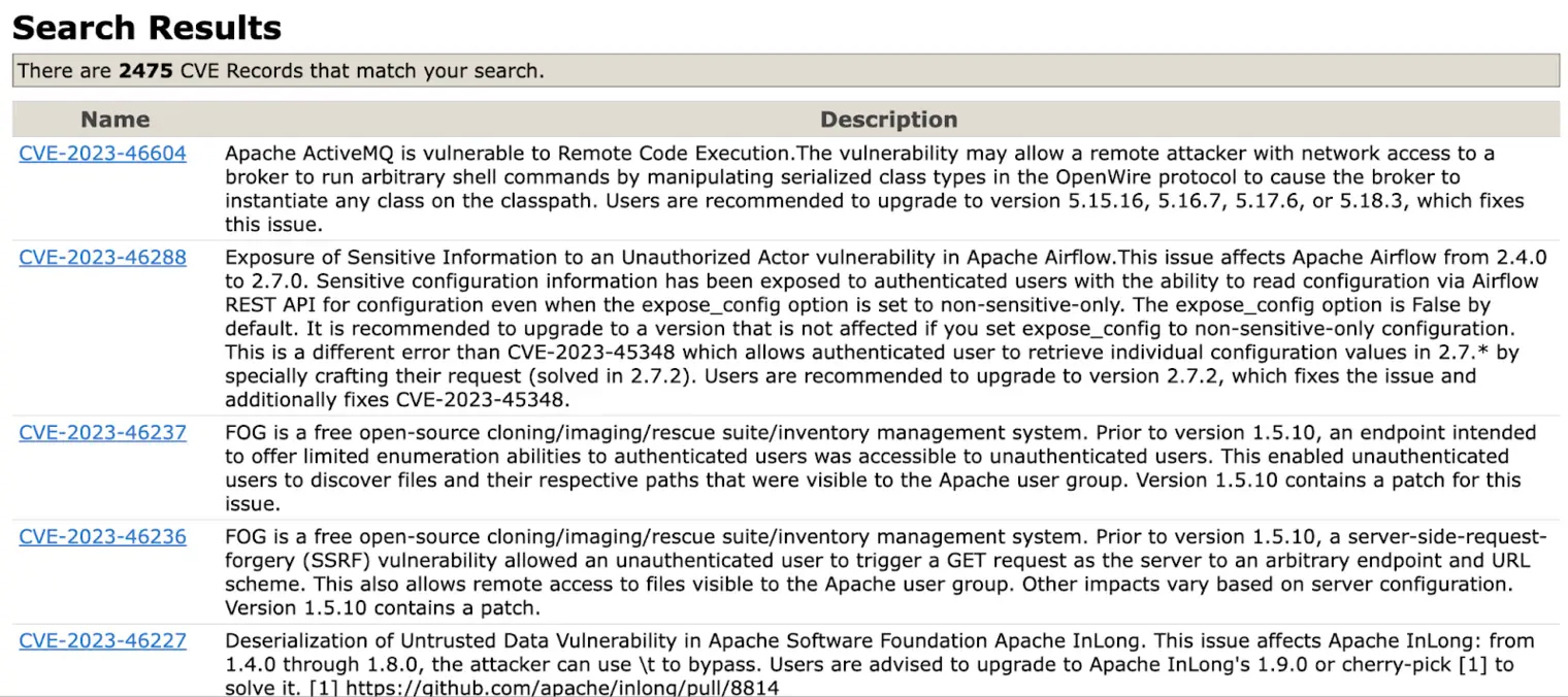 CVE search results for Apache