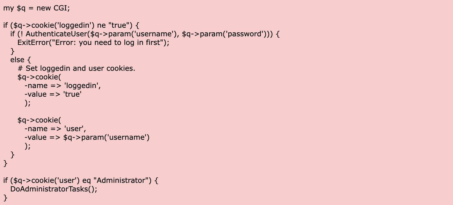 Coding example of an improper authentication